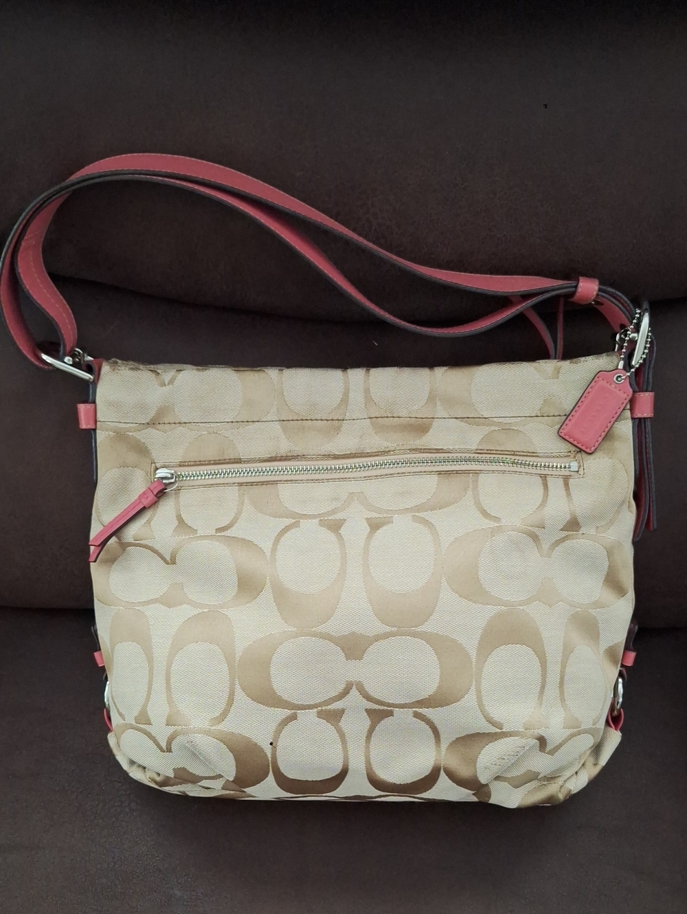 Coach Beige Signature Canvas Shoulder Bag with Pink Trim